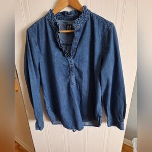 GAP Indigo Ruffle-Trim Denim Button-Down Top